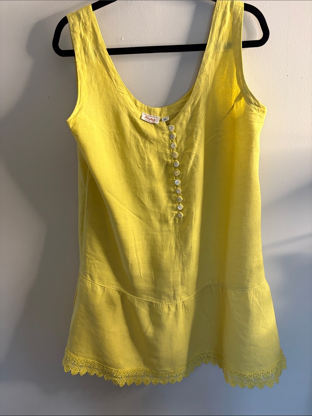 Rachele  Bright Yellow Linen-Blend Scoop Neck Tank Dress with Lace Trim